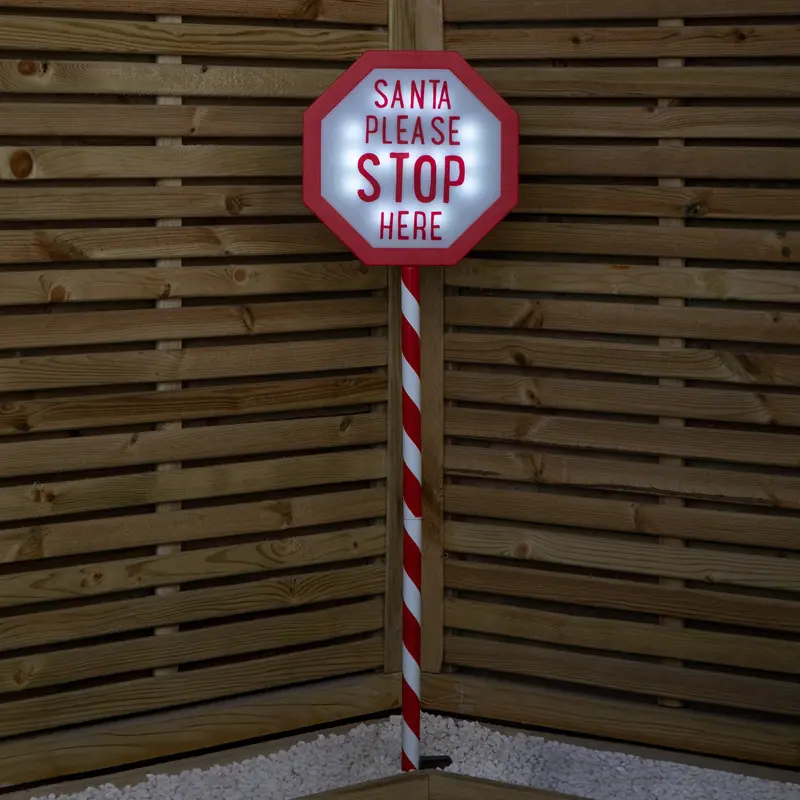 1.1m Battery-Powered Illuminated Santa Stop Here Yard Sign – Warm White LEDs