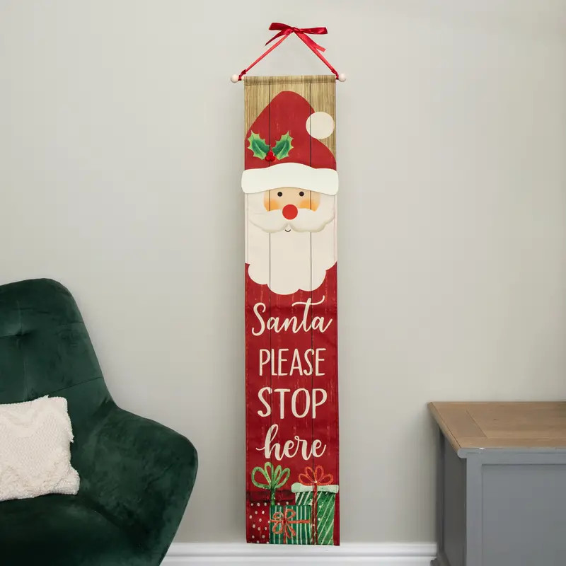 1.2m Hanging Fabric ‘Santa Stop Here’ Banner – Battery-Powered LED Illumination