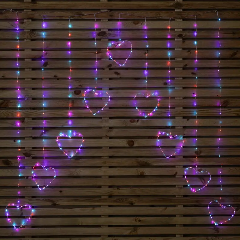 1.2m × 1.2m Illuminated Heart-Shaped Pin Wire Curtain Light with 303 Rainbow LEDs