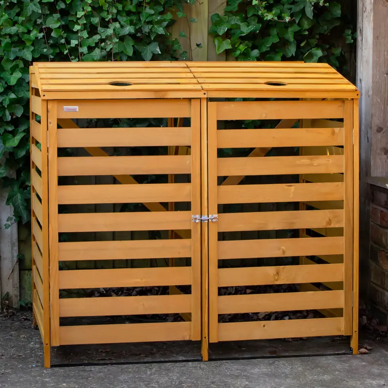 1.33m x 1.25m Dual-Bin Outdoor Garden Storage Unit – Heavy-Duty Wooden Wheelie Bin Enclosure