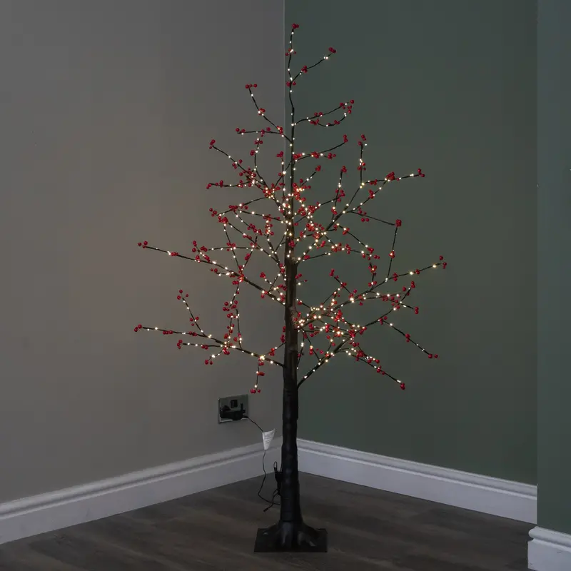 1.5m Black Twig Christmas Tree with Red Berries and Warm White LED Lights