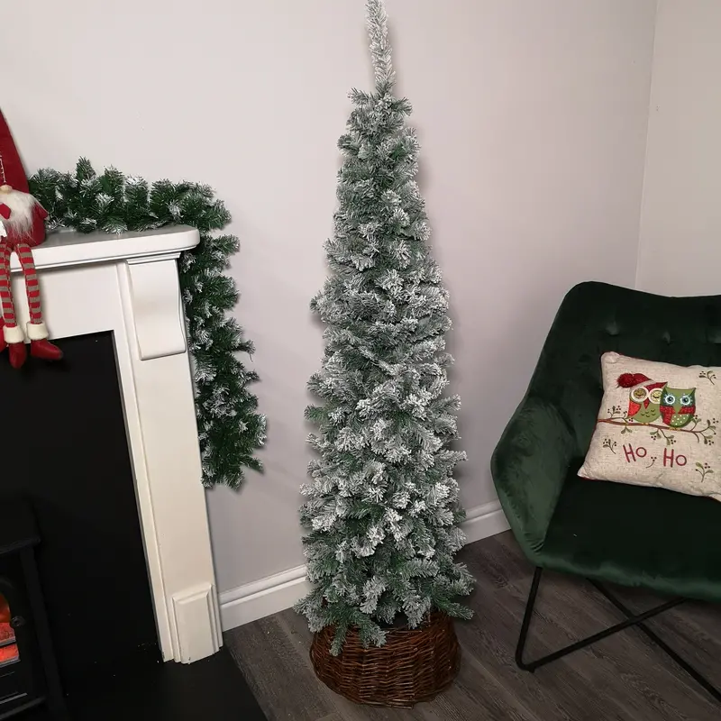 1.7m Slim Premier Spruce-Style Flocked Christmas Tree in Vibrant Green with Realistic Snow Tips