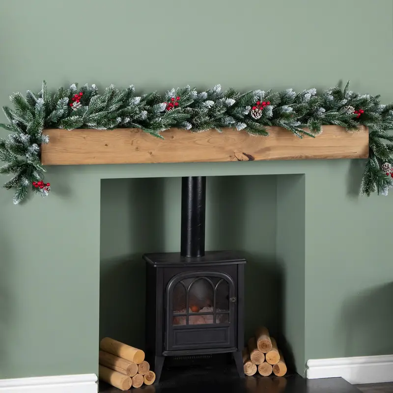 1.8m New Jersey-Style PVC Christmas Garland – Red Berries, Pinecones & Snow-Tipped Branches