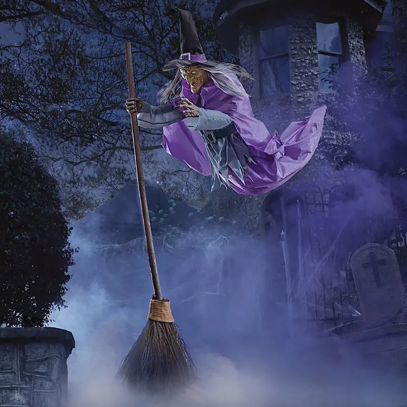 12ft Animated Hovering Halloween Witch Decoration with Broom and Integrated LEDs