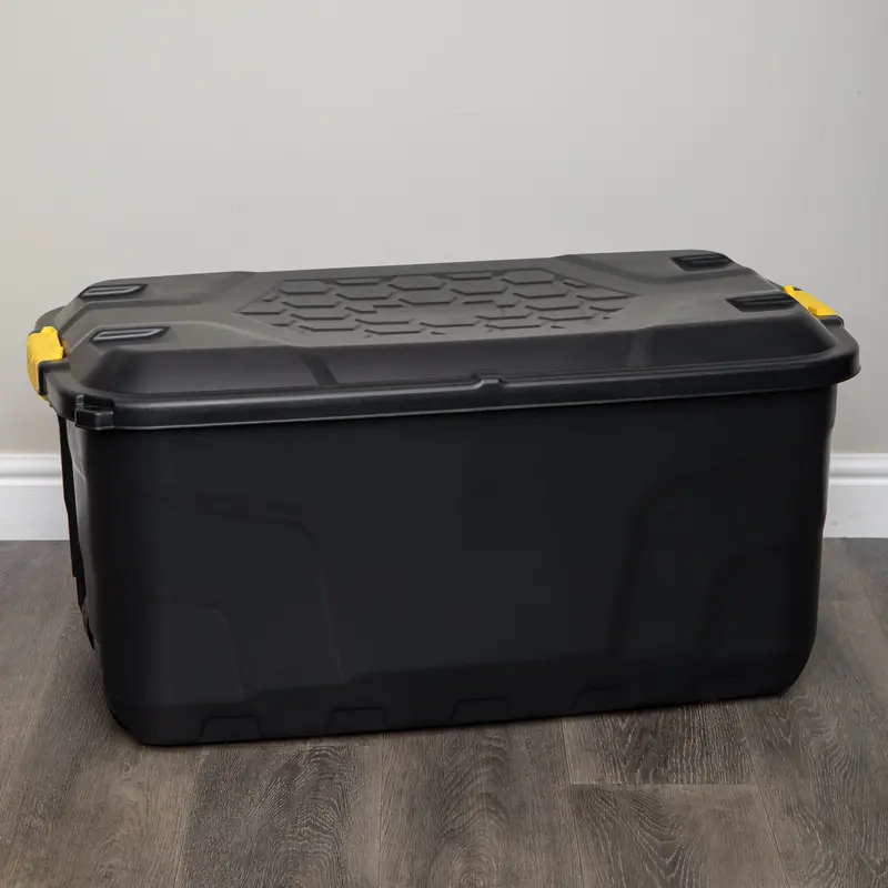 145L Heavy-Duty Stackable Storage Box – Lockable Black Chest with Wheels & Secure Clips