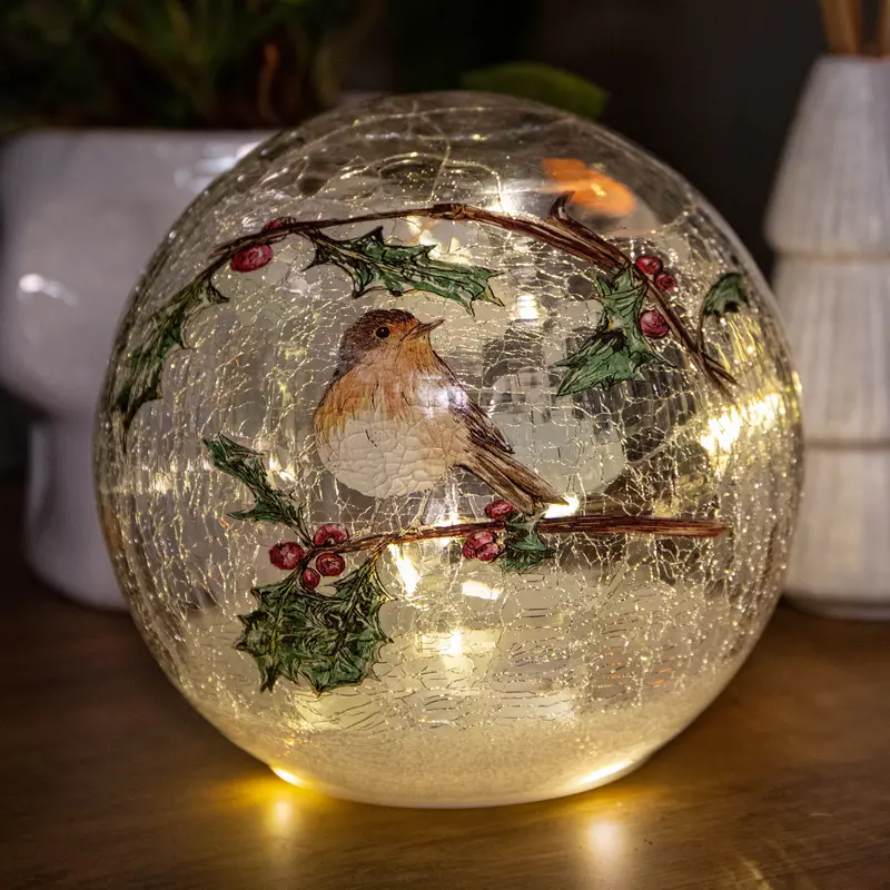 15cm Battery-Powered Robin Ornament – Crackle Glass Design with 12 Warm White LEDs