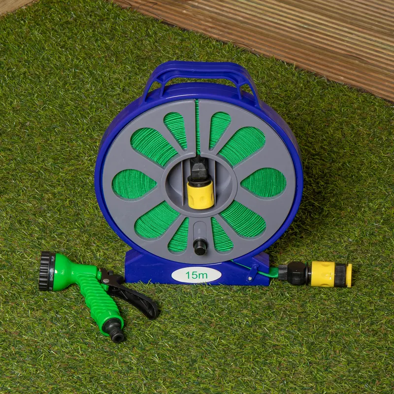 15m Flat Garden Hose with Adjustable Spray Nozzle and Retractable Storage Reel
