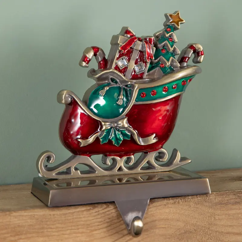 16cm Santa Sleigh Stocking Holder – Red & Green Hook Mount Decoration