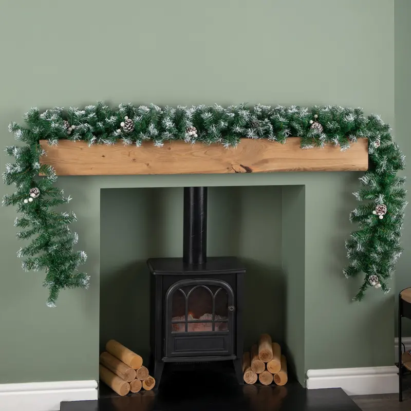 2.7m Realistic Snow-Tipped Garland with White Berries & Pine Cones