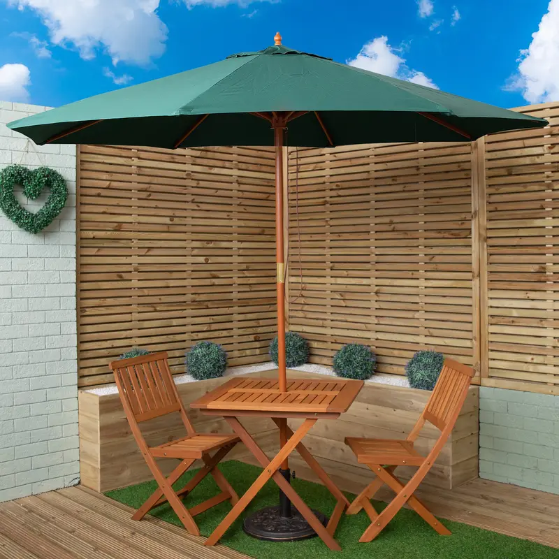 2-Person Outdoor Folding Square Wooden Dining Set with Green Parasol & Base
