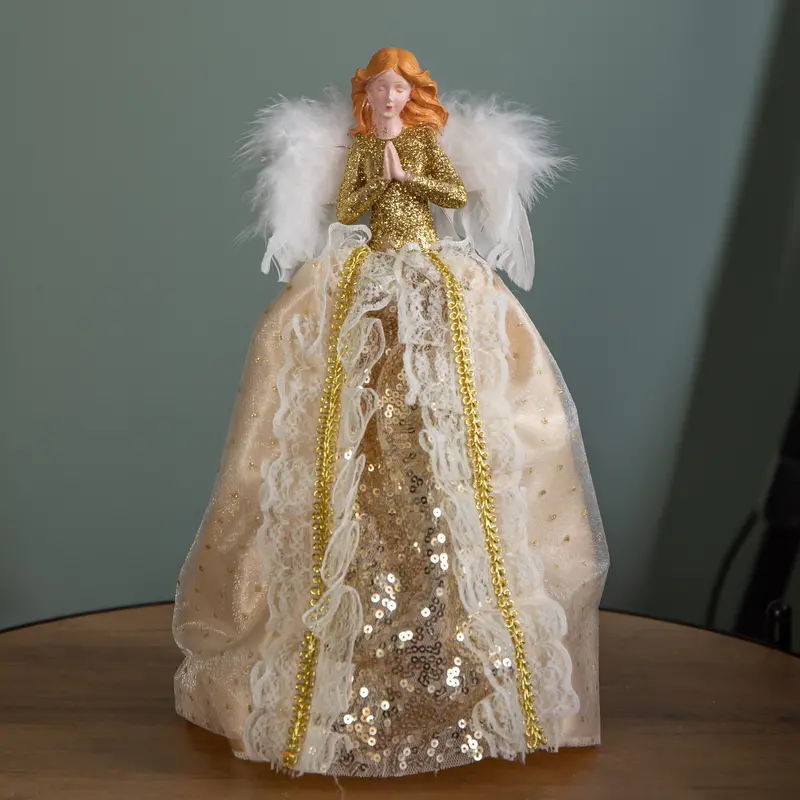 25cm Gold-Finished Angel Tree Topper with Feathered Wings for Holiday Decor