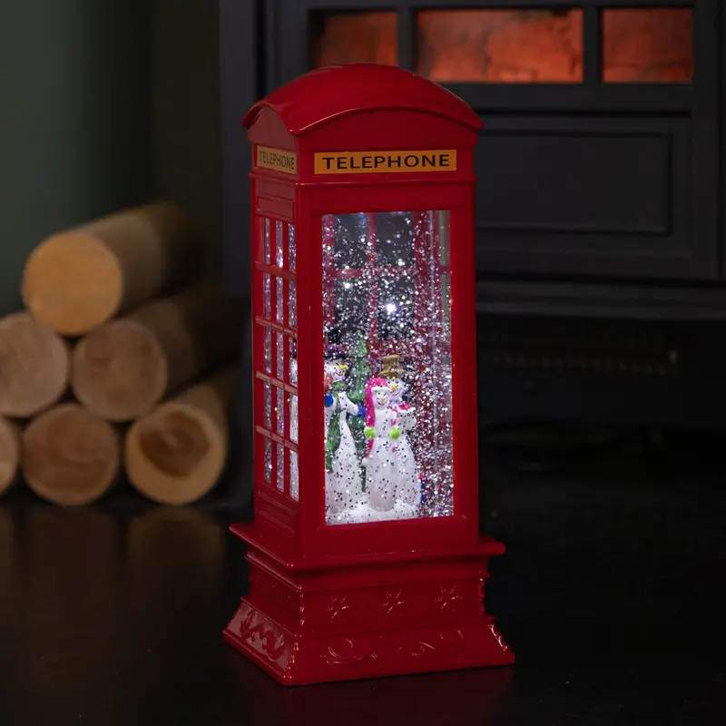 26cm Dual-Power Red Telephone Box Christmas Decoration – Rotating Water Feature with Snowman Scene