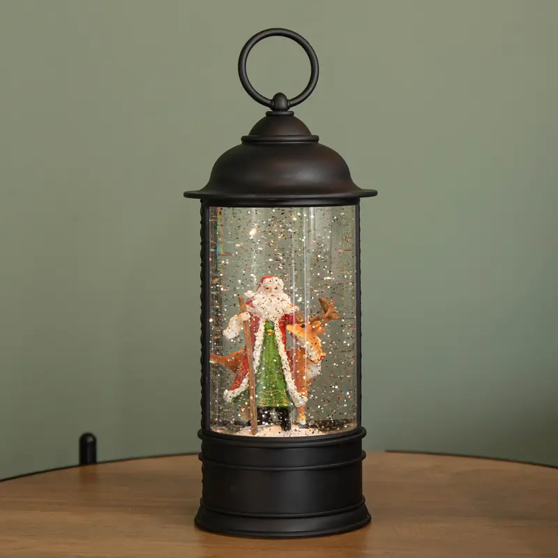 29cm Dual-Power Glitter Water Spinner Lantern – Santa & Reindeer Scene with Rotating Base