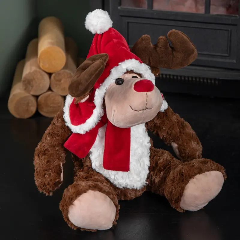 30cm Sitting Christmas Reindeer Plush Toy with Festive Red Hat and Scarf