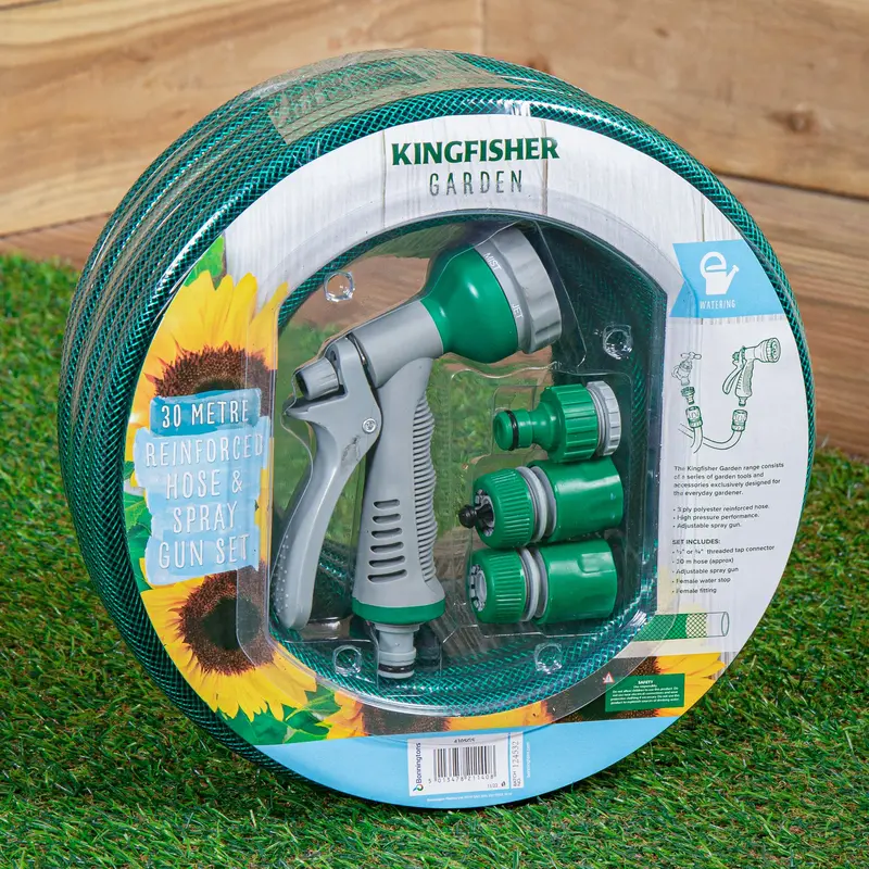 30m Reinforced Green Garden Hose with Adjustable Spray Gun Kit