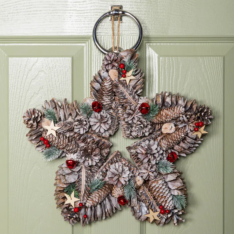35cm Frosted Star-Shaped Christmas Wreath — Red Jingle Bells & Wooden Accents