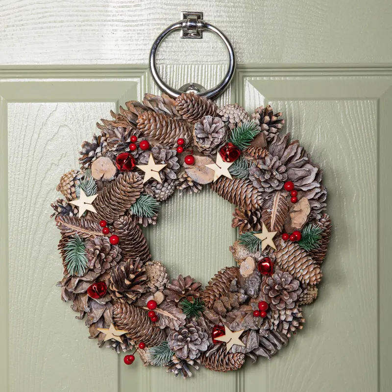 36cm Frosted Holiday Wreath — Festive Red Bells and Natural Wooden Stars