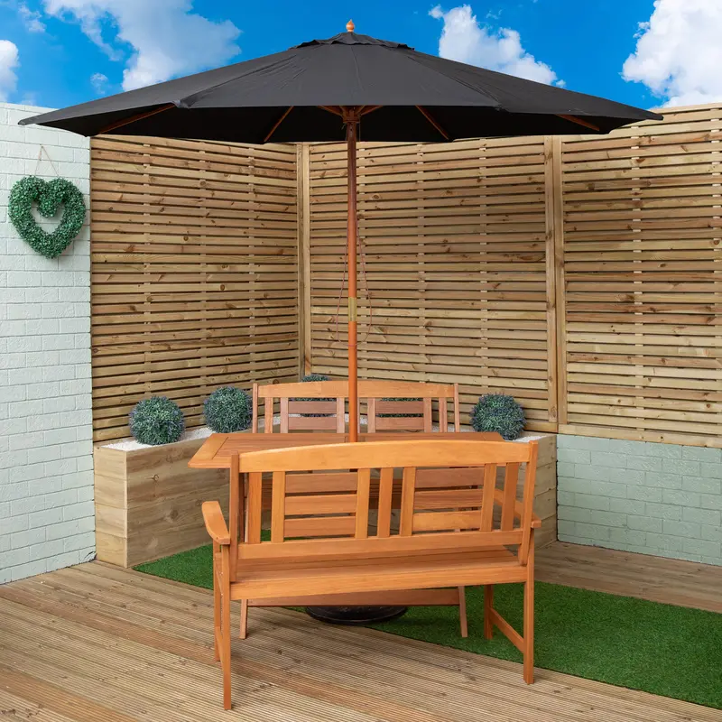 4-Person Folding Rectangular Wooden Garden Dining Set with Benches & Black Parasol Bundle