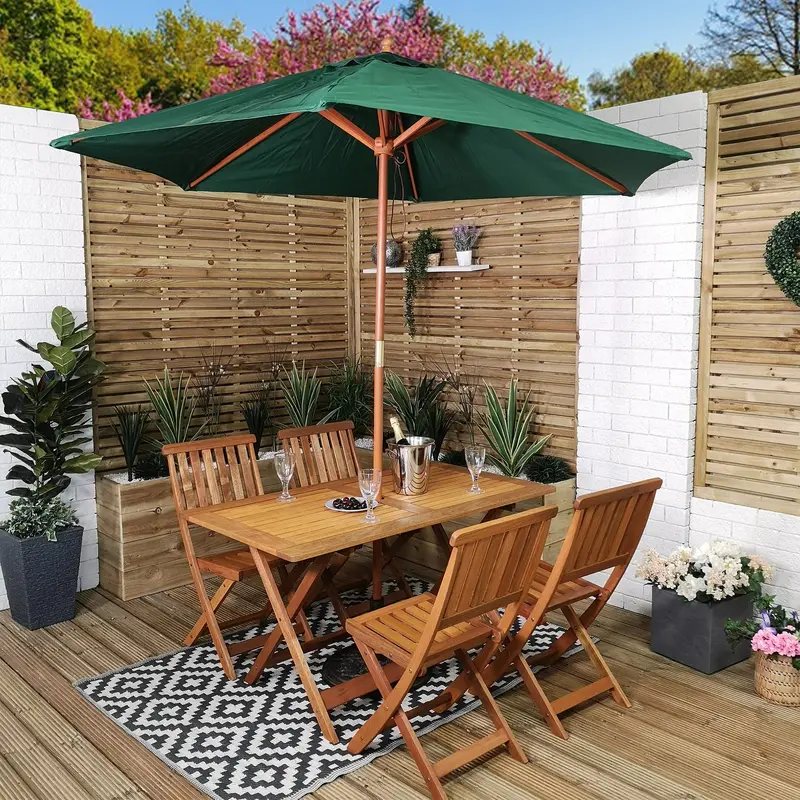 4-Person Folding Wooden Garden Dining Set – Rectangular Table, Chairs, Green Parasol & Base