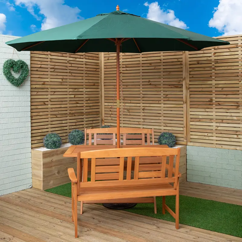 4-Person Outdoor Folding Rectangular Wooden Dining Set with Benches, Parasol & Base