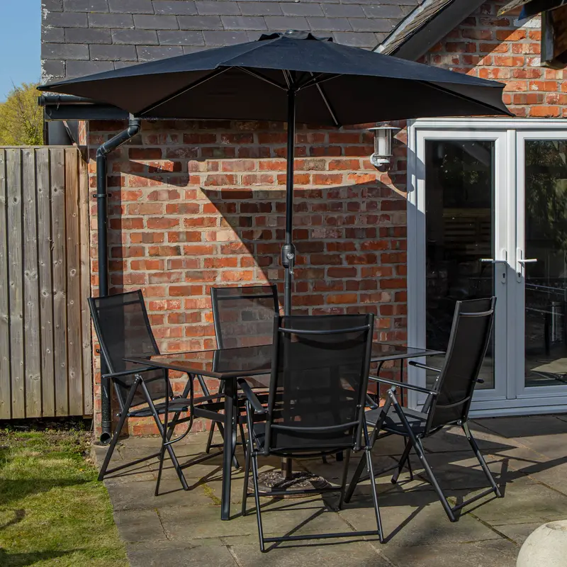 4-Person Rectangular Glass-Top Garden Dining Set – Table, Chairs, Black Parasol & Base