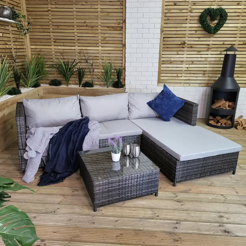 4-Seater Brown Rattan Garden Sofa Set with Grey Cushions and Tempered Glass Coffee Table