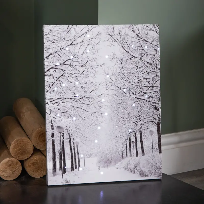 40 x 30cm Fiber Optic Winter Avenue Wall Art – Battery-Lit Christmas Canvas