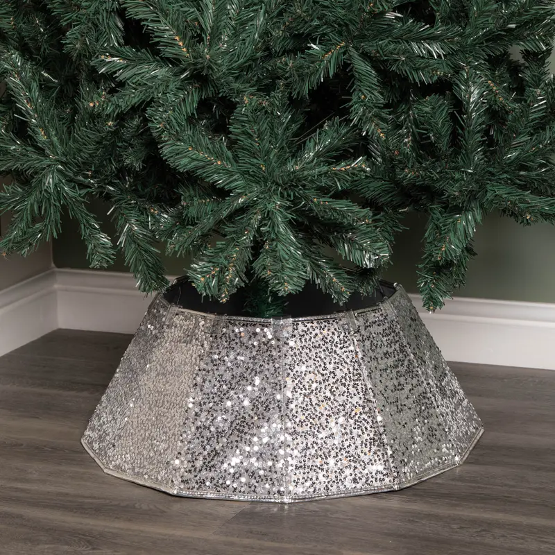 40cm / 68cm Foldable Silver Fabric Tree Skirt – Sequined Holiday Table Accent