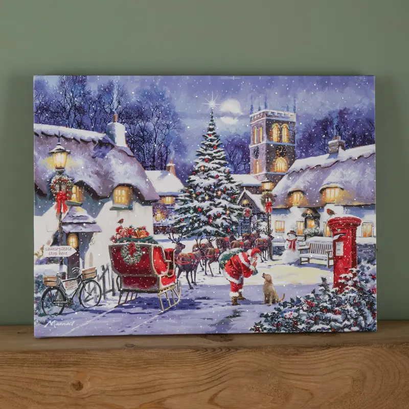 40cm x 30cm Fibre Optic Holiday Wall Art – ‘Santa & Village’ Light-Up Canvas