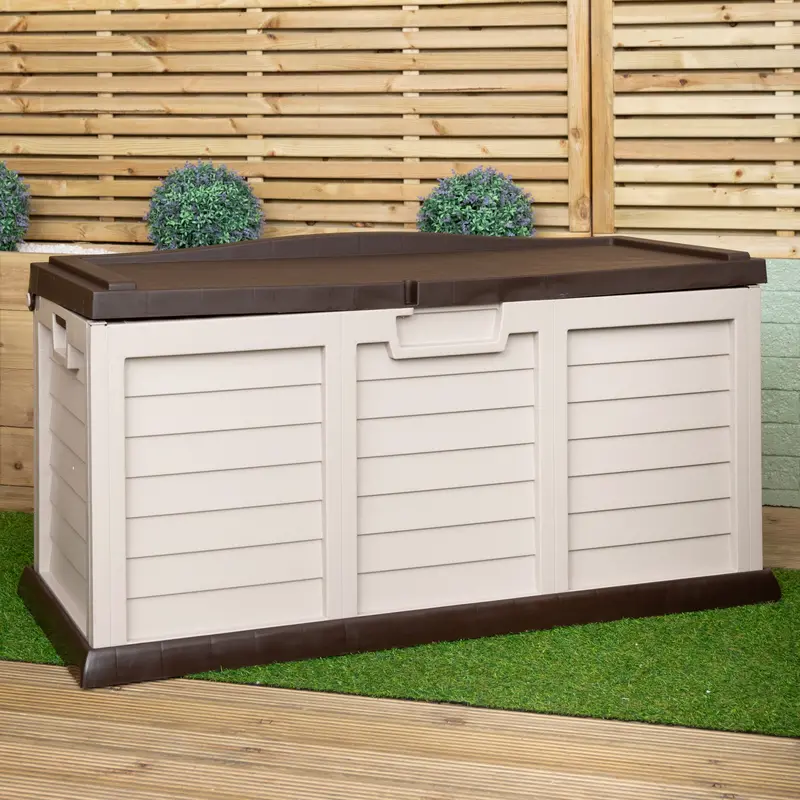 440L Weatherproof Patio Storage Box – Brown Lockable Sit-On Lid