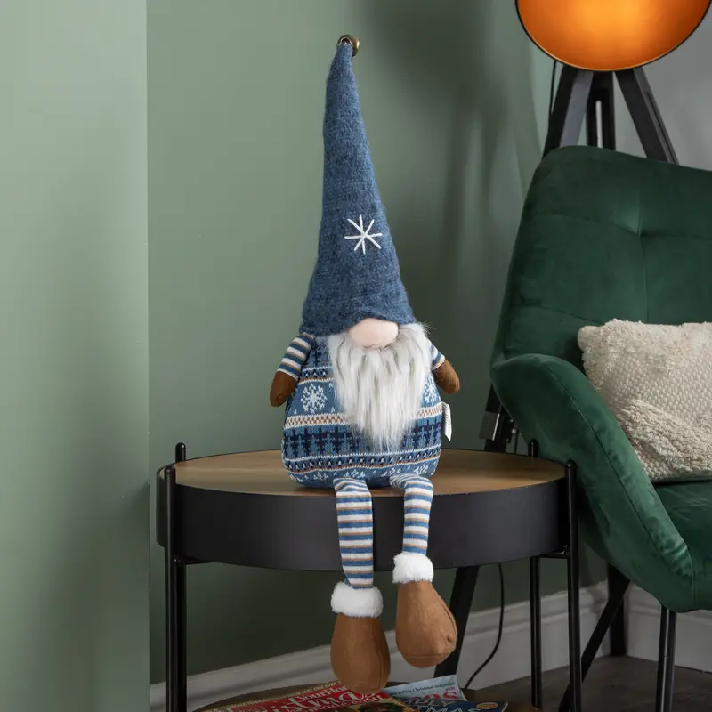 48cm Nordic Gnome Ornament – Blue Body, Bell-Adorned Hat & Dangling Legs