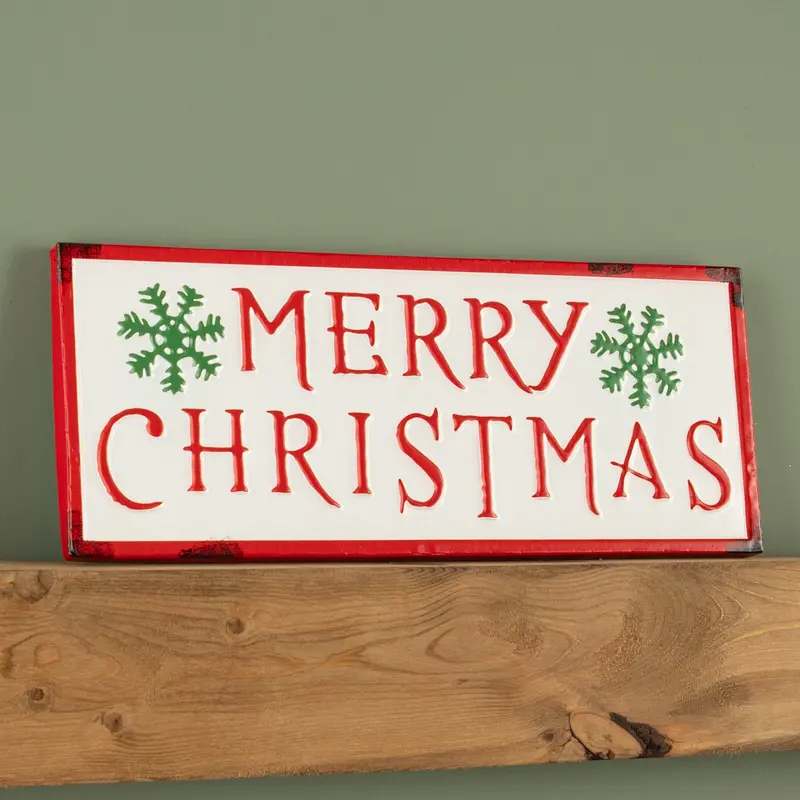 57cm Red & White Merry Christmas Hanging Sign – Metal Frame with Green Snowflake Accents