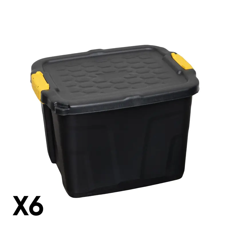 6-Pack of 42L Stackable, Lockable Storage Tubs with Secure Clips – Black
