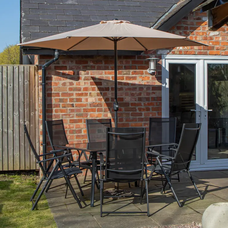 6-Person Rectangular Glass-Top Garden Dining Set – Table, Chairs, Beige Parasol & Base