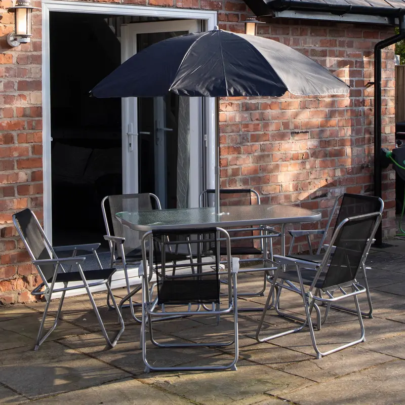 6-Piece Outdoor Patio Furniture Set — Table, Chairs & UV-Resistant Parasol