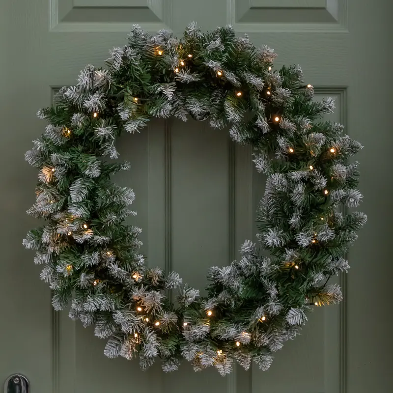 60cm Illuminated Snow-Tipped Christmas Wreath – 50 Warm White LEDs & 160 Bullet Tips