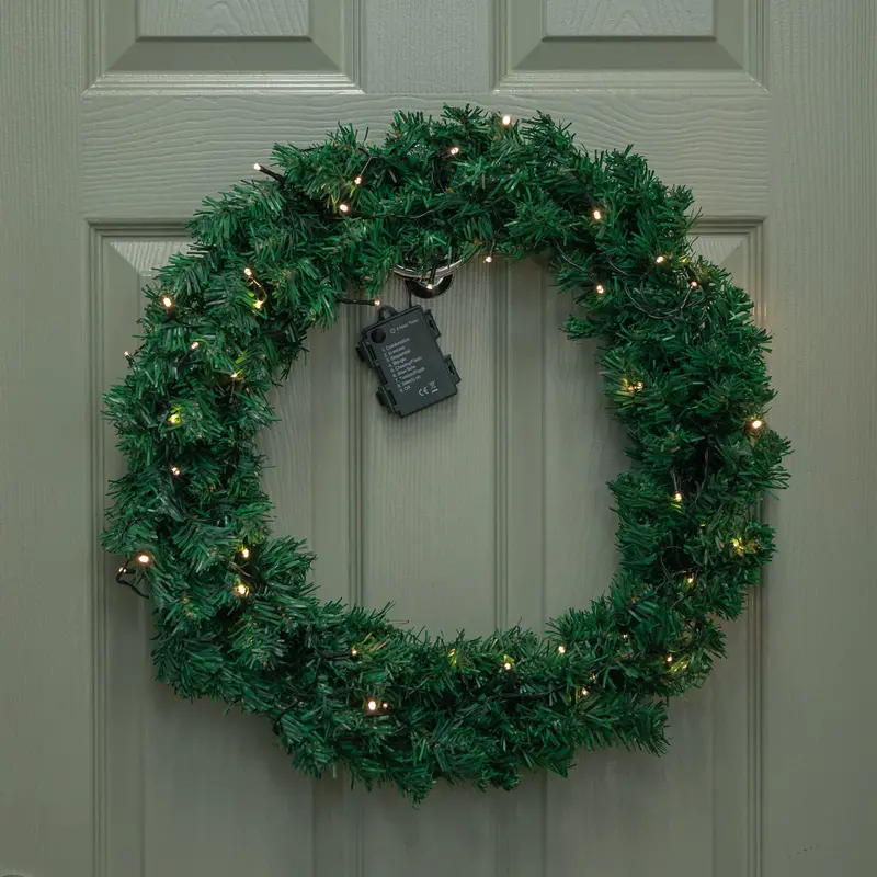 60cm Pre-Lit Green Christmas Wreath – 160 Tips with Warm White LEDs