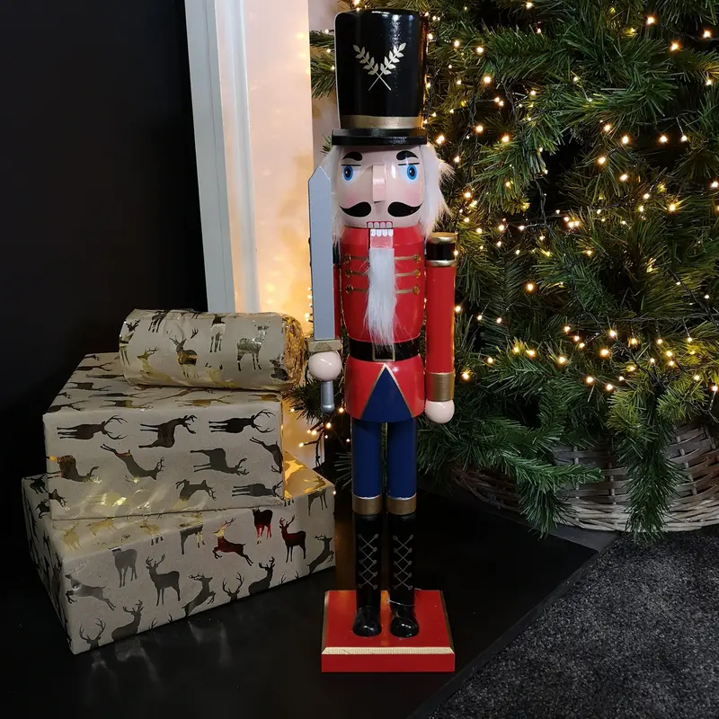 60cm Traditional Wooden Nutcracker Soldier Decoration in Red and Classic Detailing