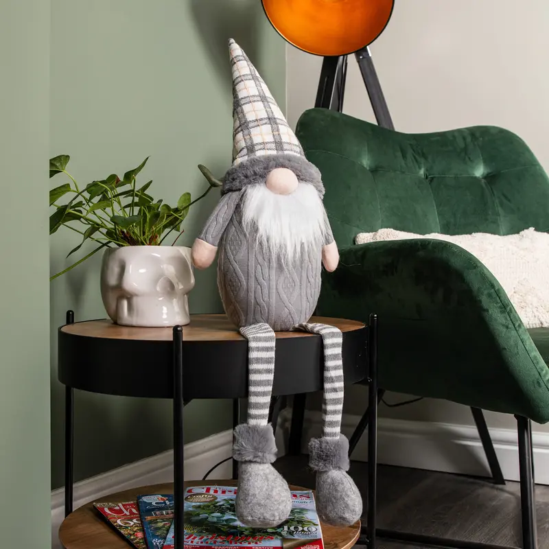 73cm Grey Sitting Gonk Ornament – Tartan Hat, Dangly Legs & Festive Charm