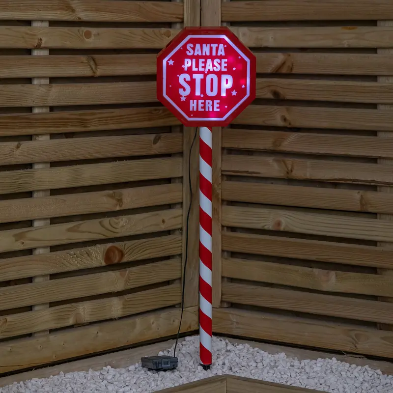 80cm Battery-Powered ‘Santa Stop Here’ Sign – Light-Up Display with White LEDs