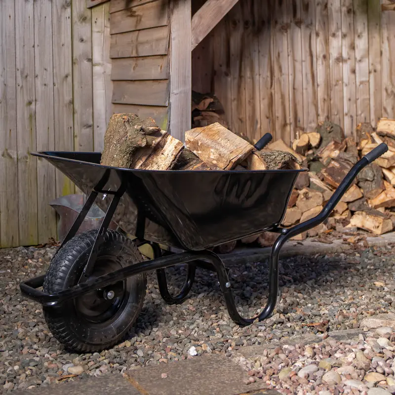 Black Heavy-Duty Galvanised Garden Wheelbarrow – 90L Capacity, 150kg Load Rating, Pneumatic Tyres