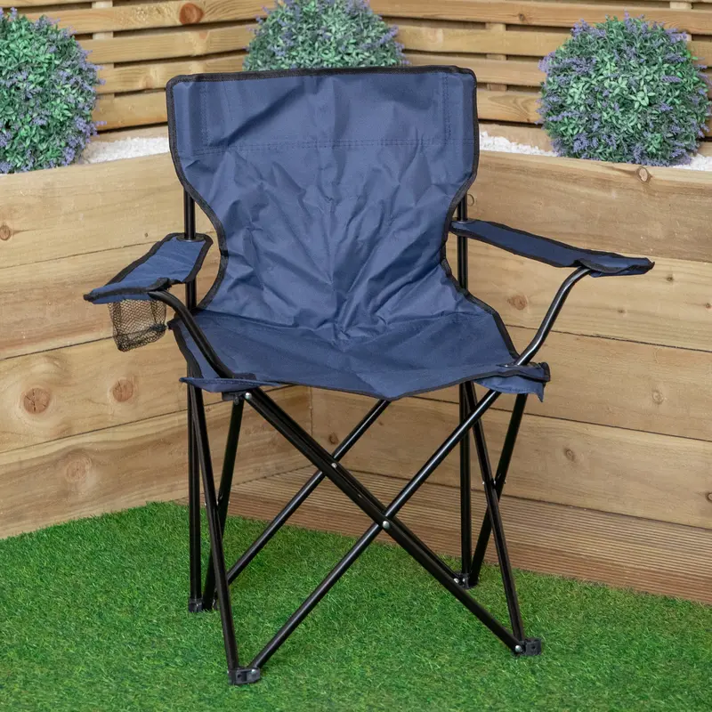 Blue Folding Camping Chair with Armrests & Cup Holder – Lightweight Outdoor Patio Seat
