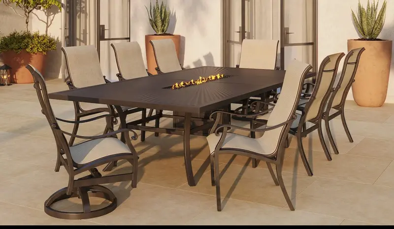 Castelle Madrid Sling Dining Set for Eight with Built-In Firepit Table