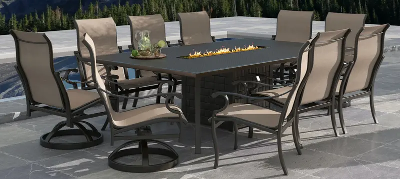 Castelle Monterey 10-Person Sling Dining Set Featuring Firepit Table