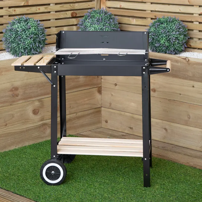Charcoal BBQ Grill Trolley – 82 x 29cm Rolling Grill Cart with Shelves and Wheels