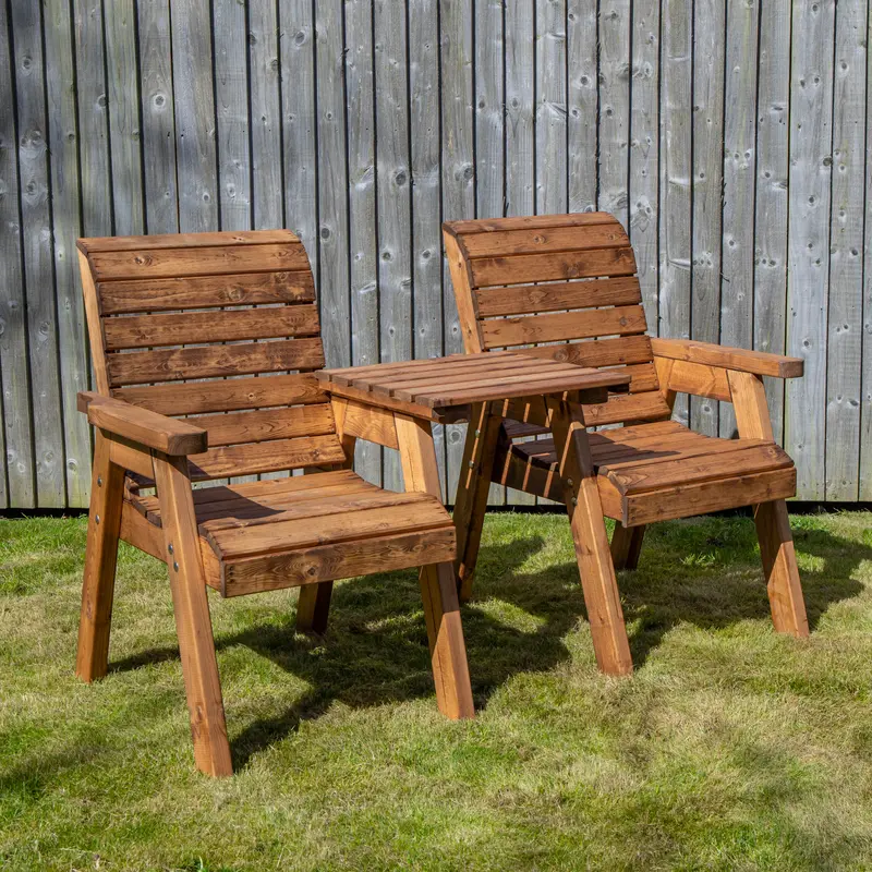 Charles Taylor Handcrafted 2-Seater Rustic Wooden Garden Love Seat – Chunky Outdoor Furniture with Integrated Tray