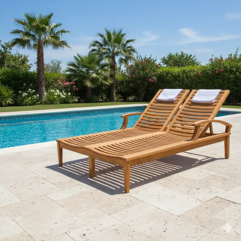 Classic Double Teak Chaise Lounger – Natural Wood Outdoor Recliner