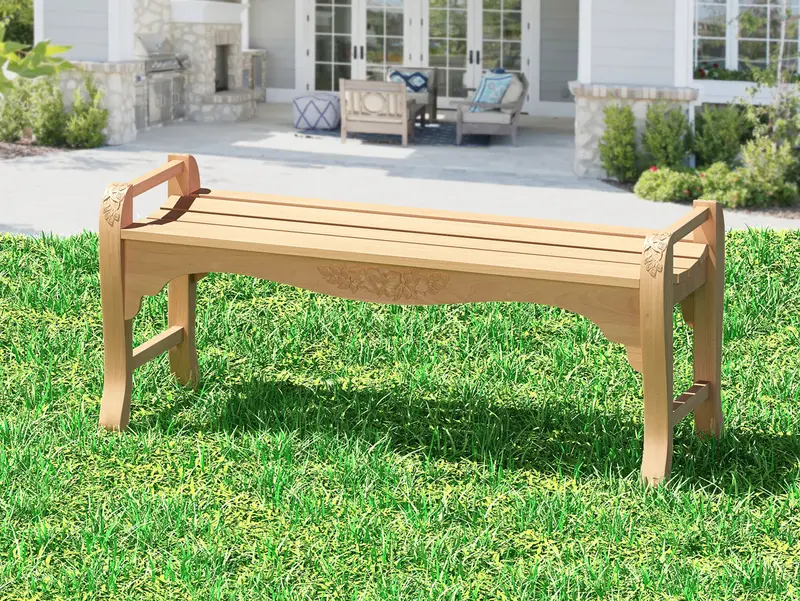 Classic Teak Rose-Carved Backless 4-Foot Teak Bench