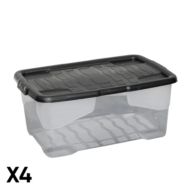 Clear 42L Stack-and-Nest Storage Boxes – 4-Pack with Black Lids