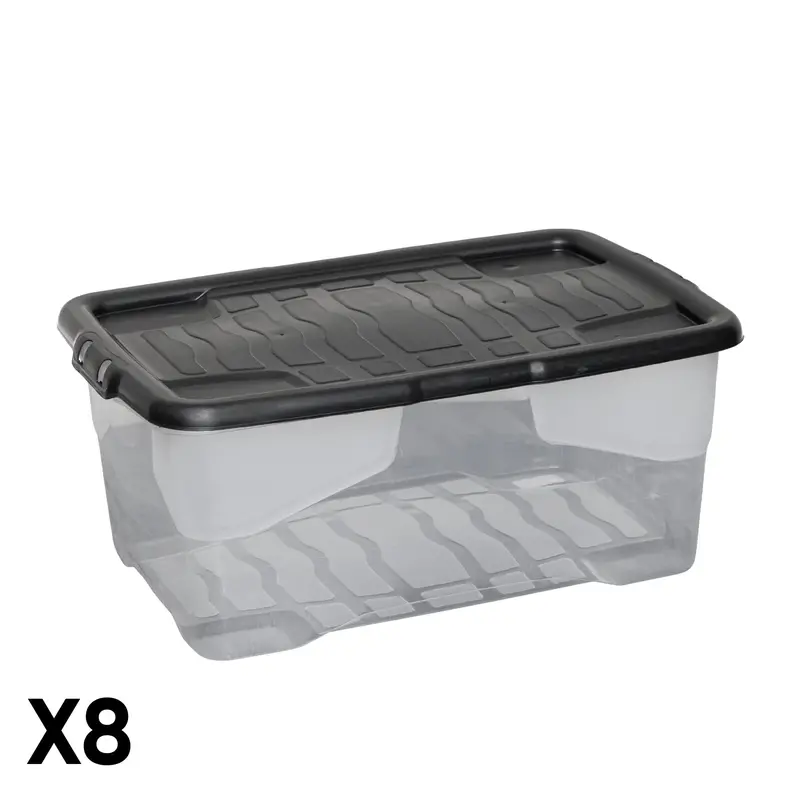 Clear 42L Stackable Storage Boxes – 8-Pack with Black Lids